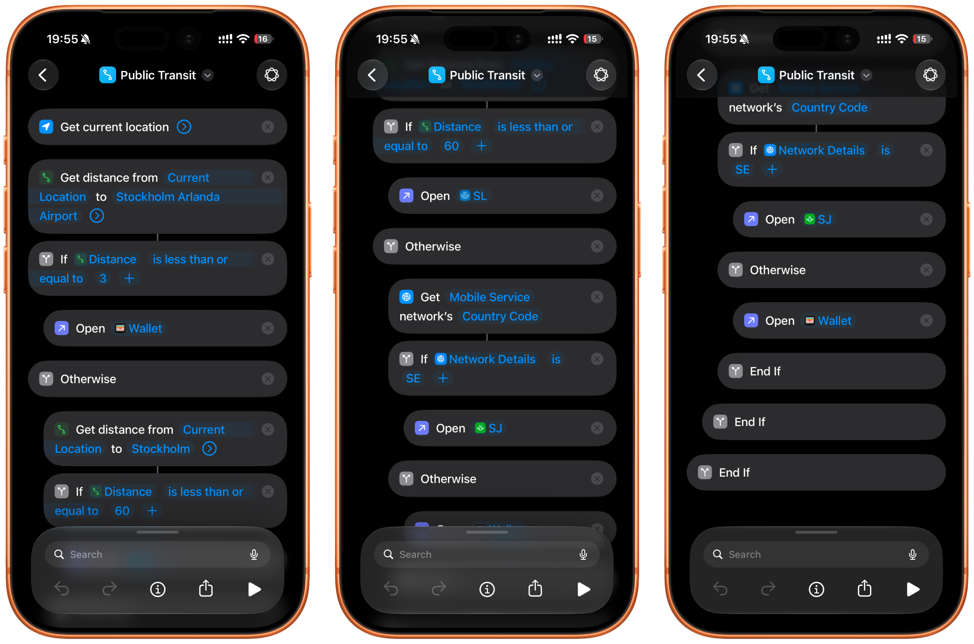 The finished shortcut. Admittedly a slightly over-engineered solution to opening the correct transport app.
